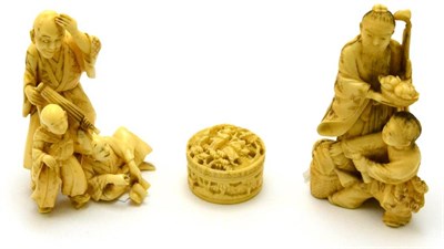 Lot 218 - Two late 19th century carved ivory figure groups and a carved ivory circular pill box