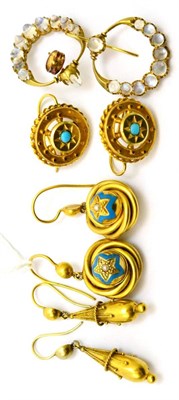 Lot 222 - # Four pairs of earrings, including; a pair of moonstone set hoop earrings, with hook fittings,...