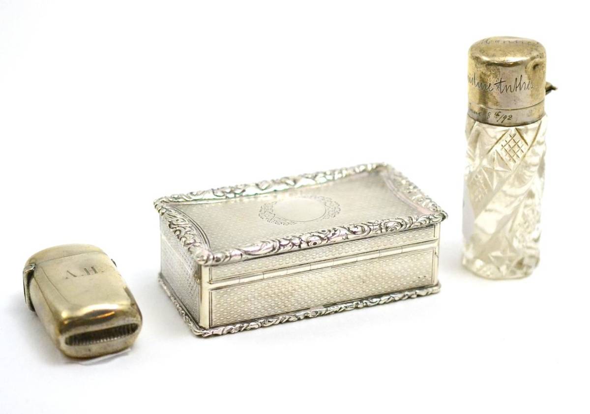 Lot 230 - A silver box, a silver vesta and a silver topped jar (3)
