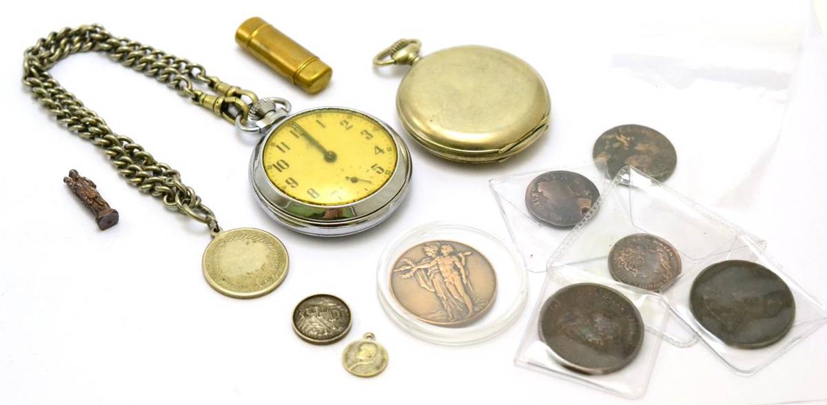 Lot 238 - Pocket watch, chain and medal and another, seven coins (Tibet), Vatican coin/medal and a small...