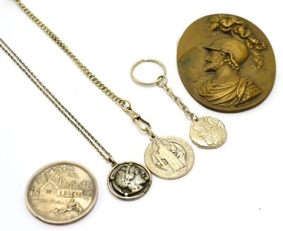 Lot 240 - Three coins/medals on chains and key ring, 19th century continental bronze oval medallion cast with