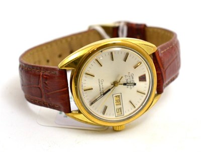 Lot 245 - A plated electronic centre seconds calendar wristwatch, signed Omega, Geneve, Chronometer,...
