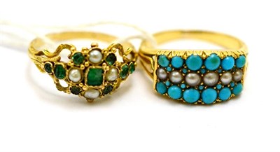 Lot 246 - # An emerald and split pearl cluster ring, finger size M1/2 and a turquoise and split pearl...