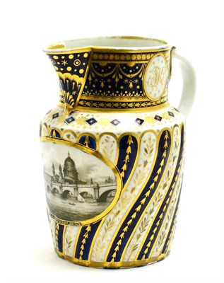Lot 271 - A Chamberlain Worcester semi whirl fluted jug, painted in blue and gilt and with a monogram,...