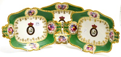 Lot 274 - A set of three Chamberlain Worcester green ground and floral decorated armorial dessert dishes with
