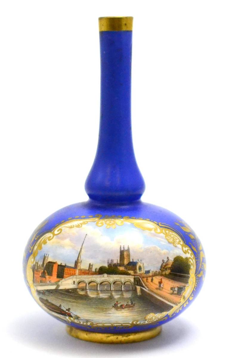 Lot 275 - A Chamberlain Worcester bottle shaped blue vase, painted with a scene of Worcester, 17cm