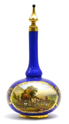 Lot 281 - A Chamberlain Worcester blue bottle vase and stopper, painted with a scene of Malvern, 22cm