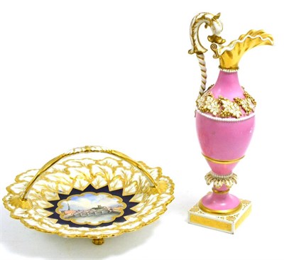 Lot 283 - A Chamberlain Worcester pink ground and gilt decorated ewer, 33cm high; and a blue ground and...