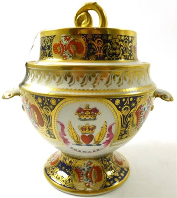 Lot 294 - A Chamberlain Worcester Royal China blue and gilt decorated armorial twin handled sauce tureen...