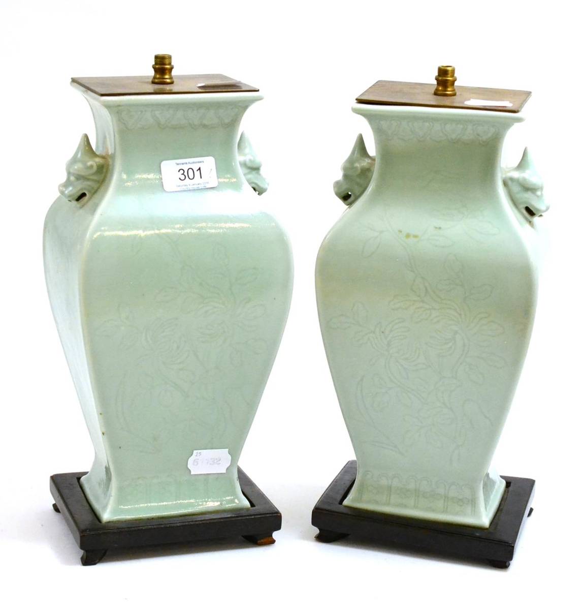 Lot 301 - A pair of Chinese green glazed table lamps, height 33cm