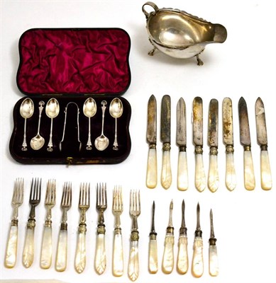 Lot 321 - Plated mother-of-pearl handled knives and forks, silver sauce boat and a cased set of six...