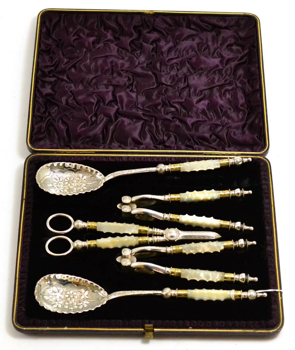 Lot 322 - Silver plated dessert set with mother-of-pearl handles