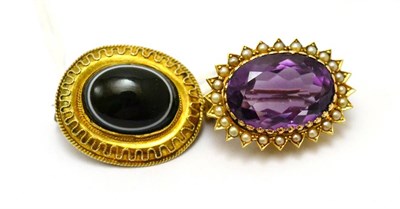 Lot 340 - # An amethyst and seed pearl cluster brooch, measures 2.9cm by 2.3cm and an oval sardonyx set...