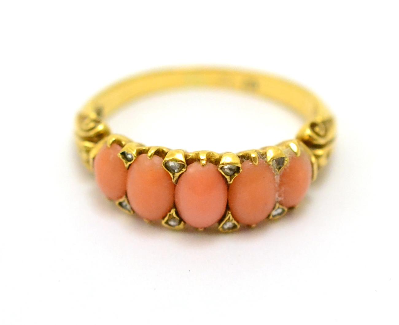 Lot 353 - # An 18ct gold late Victorian coral and diamond ring, five graduated oval cabochon coral spaced...