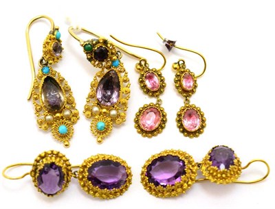 Lot 355 - # Three pairs of earrings, including; a pair of Victorian turquoise, amethyst and split pearl...