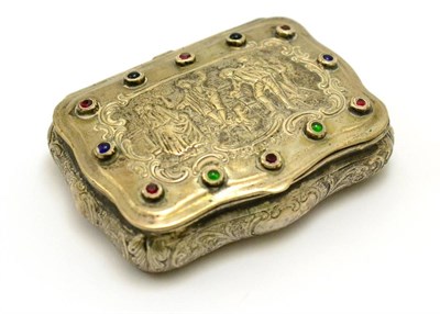 Lot 356 - A Continental silver box, the lid decorated with a scene and inset with green and blue...