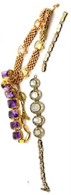 Lot 360 - # A brick link bracelet with heart shaped opal stones, length 17cm, an amethyst bracelet,...