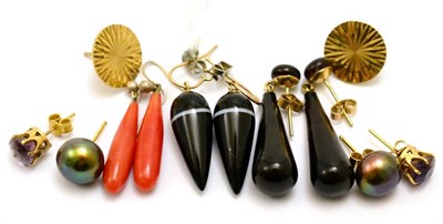 Lot 361 - # Six pairs of earrings, including; a pair of tortoiseshell drops, a pair of coral drops, a pair of