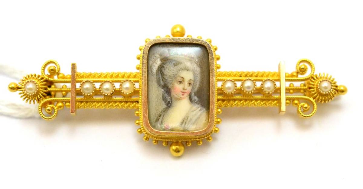 Lot 363 - # A 19th century bar brooch, with portrait of a lady centrally, and seed pearls inset to the beaded
