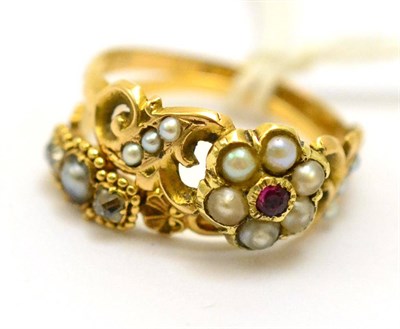 Lot 364 - # A 15ct gold ruby and split pearl cluster ring, finger size N and a Victorian split pearl and...