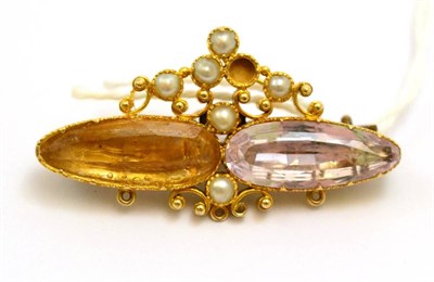 Lot 370 - A Victorian foil backed quartz and split pearl brooch, a pear shaped pink and a pear shaped...