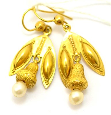 Lot 375 - # A pair of Victorian drop earrings, with double panel section as stylised leaves, and a pearl drop