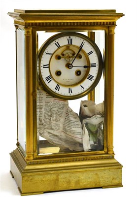 Lot 446 - A brass four glass mantel clock, retailed by J D Harris, Paris, circa 1890, fluted columns and...