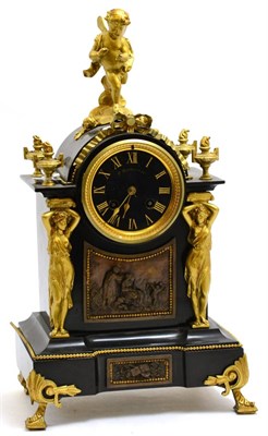 Lot 447 - A black slate and gilt metal mounted striking mantel clock, circa 1890, applied gilt metal...