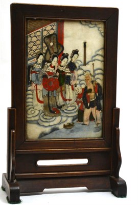Lot 466 - A Chinese alabaster table screen, painted in colours with Daoist goddesses receiving a pilgrim...