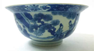 Lot 469 - A Chinese Kangxi blue and white bowl (1662-1720), decorated with scholars playing Go within a...