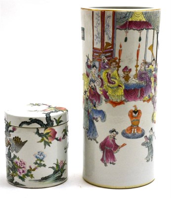 Lot 471 - A Chinese porcelain sleeve vase, probably Guangxu period, painted in famille rose enamels with...