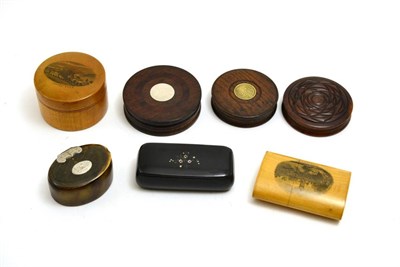 Lot 503 - Three 19th century turned wood snuff boxes, a horn snuff box, two Mauchline ware boxes and a papier