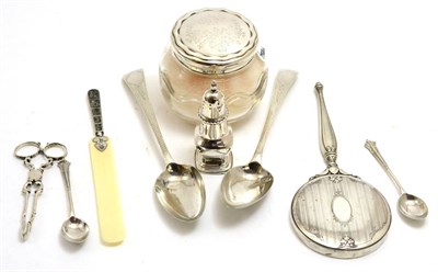Lot 507 - A group of silver including a pair of George III bright cut serving spoons, a Canadian silver...