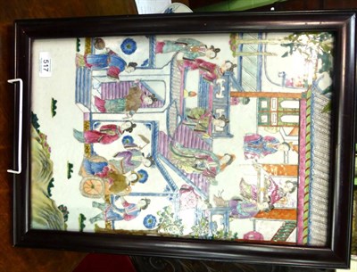 Lot 517 - A Chinese porcelain plaque, painted in famille rose enamels with ladies before a building, 43cm...