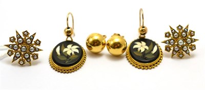 Lot 548 - # Three pairs of earrings; including a pair of pietra dura floral motif earrings with hook...
