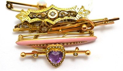 Lot 563 - # Six brooches, including; a bar brooch with an amethyst and seed pearl heart shaped cluster...