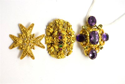 Lot 568 - # Three brooches, including; a Victorian amethyst and chrysoberyl brooch, the stones in foil backed