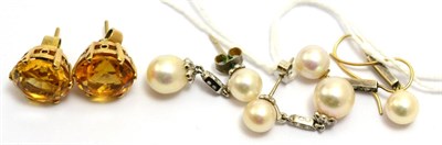 Lot 572 - # Three pairs of earrings, including; two pairs of diamond and cultured pearl drop earrings,...