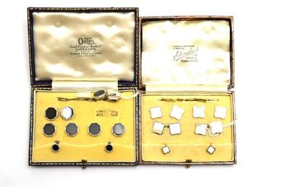 Lot 574 - A set of gentleman's cufflinks and studs in onyx and silver, cased, and a set of gentleman's...