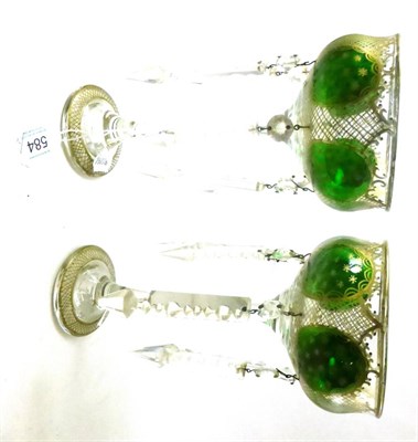 Lot 584 - Pair of late 19th century green and gilt decorated glass lustres