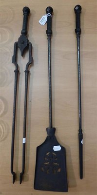 Lot 589 - A set of George III fire tools including, tongs, shovel and poker