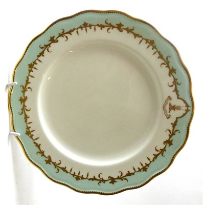 Lot 595 - Twenty-four Cauldon turquoise and gilt decorated dinner plates and soup bowls decorated with a...
