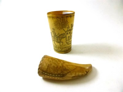 Lot 616 - A scrimshaw whale tooth, 19th century, depicting a sailing ship and whale, 9.5cm; and a horn...
