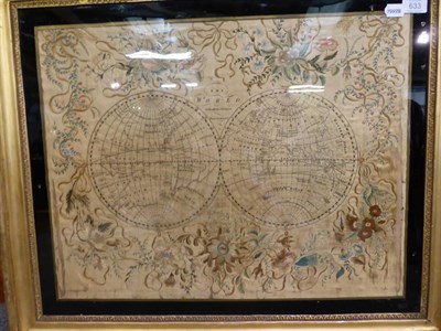 Lot 633 - 18th century embroidered cream silk Map of the Discovered World, within a floral border, black...