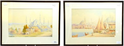 Lot 1004 - Serif Renkgorur (1887-1947) Turkish, A view of Constantinople skyline from the Bosphorus; A view of