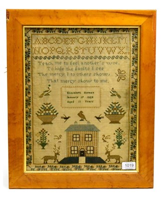 Lot 1019 - Alphabet sampler worked by Elizabeth Sloman, aged 11 years dated 1828, with a central house,...