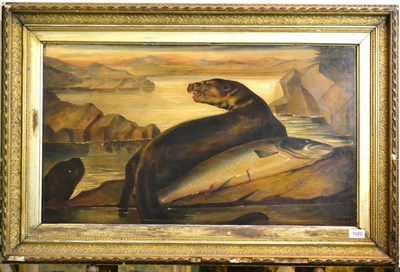 Lot 1020 - After Henry Lionidas Rolfe (1823-1881) Otter and salmon by a lakeside, oil on board, 43.5cm by 76cm