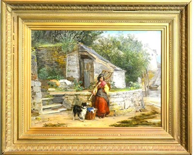 Lot 1021 - James Cole (19th century), A fisher woman with the days catch before a cottage, signed and...