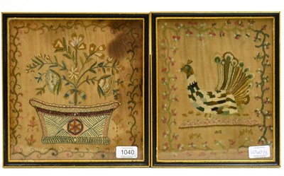 Lot 1040 - Georgian embroidery depicting flowers in a basket, initialled, within a floral border, and...