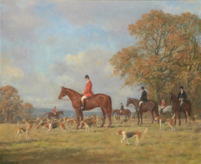 Lot 1045 - Walter Goodin (1907-1992) A hunt waiting outside a wood, signed, oil on board, 49cm by 59cm